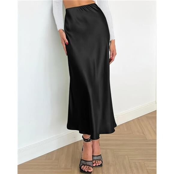 Womens Long Satin Skirt Elegant Black - Picture 1 of 6